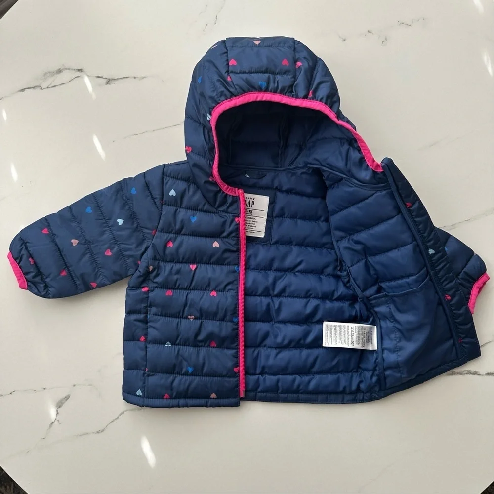 Baby Gap ColdControl Puffer Jacket Navy Heart Print Hooded 6-12M Water Resistant